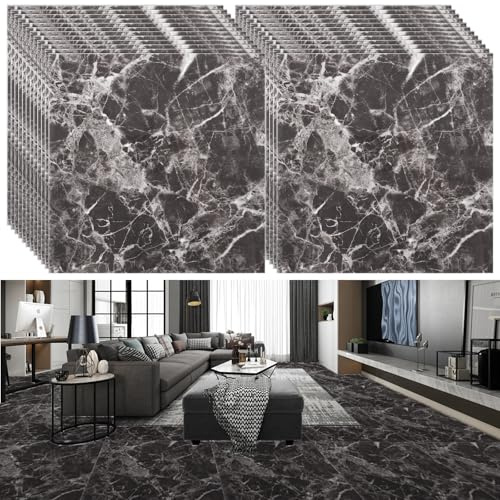 CYEER 24 PCS Grey Flooring Tiles Self Adhesive, Vinyl Floor Tiles Self Adhesive, 30x30cm Black Marble Stick on Floor Tile for Bathroom, Kitchen