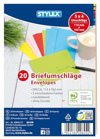 Stylex 40845-P5 – färgade kuvert DIN C6, 5 x 20 stycken våttransporterande, 80 g/m² papper i 5 djärva färger, utan fönster