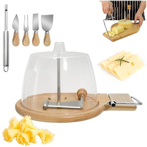 Rizador de queso con forma de flor, rueda para cortar queso con tapa y mango, cortador de queso de acero inoxidable con cúpula, cuchilla afilada y base de madera (Multifunctional, With Cover)