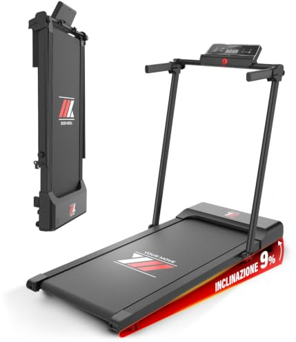 YM Tapis Roulant Elettrico Salvaspazio 12 km/h, MARCHIO ITALIANO, Tappeto Corsa MAXI 42cm, Telaio rinforzato, APP Interattive, Pieghevole, 12 Programmi, Your Move ASSISTENZA ITALIA
