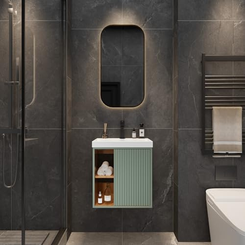 UEV Waschtisch mit Unterschrank hängend 50cm,Gäste-WC Waschtisch kleine, Waschbecken mit Wasserhahn, Waschtischunterschrank hängend, Waschplatz ausreichend Stauraum,Badmöbel Set für Badezimmer Grün