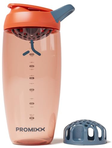Promixx Pursuit Batidora Proteínas – 760ml Mezclador Silencioso Snap-Fit para Batidos Sin Grumos – Hermético Sin BPA Ecozen con Marcas Medición Fitness – Naranja Quemado