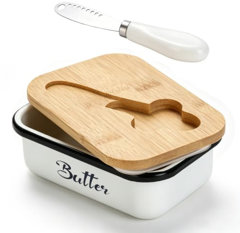 AiQInu Beurrier en Acier Inoxydable, Beurrier avec Couvercle en Bambou et Couteau à Beurre, Boîte à Beurre pour 250g, Boîte de Rangement Polyvalente pour Placer du Fromage Fruit Salade, Blanc