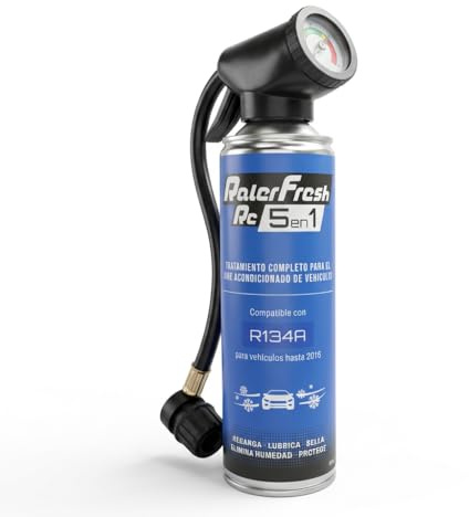 Ralerfresh RC 5en1 con Manómetro – Recarga Aire Acondicionado Coche R134a (hasta 2016) – Gas Refrigerante Sella, Lubrica, Elimina Humedad y Protege – 500 ml