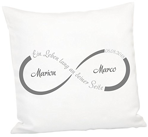 Geschenke 24: Kissen - Unendlichkeit mit Personalisierung (Grau) - personalisiertes Kuschelkissen - Romantisches Zierkissen mit Namen und Datum