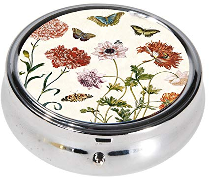 Fridolin Pillendose Maria Sibylla Merian - Blumen und Schmetterlinge für Tabletten, rund, aus Metall; Maße ca. 6 x 2,1 cm
