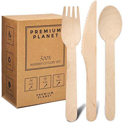 Premium Planet Lot de 300 couverts en bois biodégradables | Respectueux de l'environnement | 100 fourchettes, 100 couteaux, 100 cuillères | Grands couverts jetables en bois