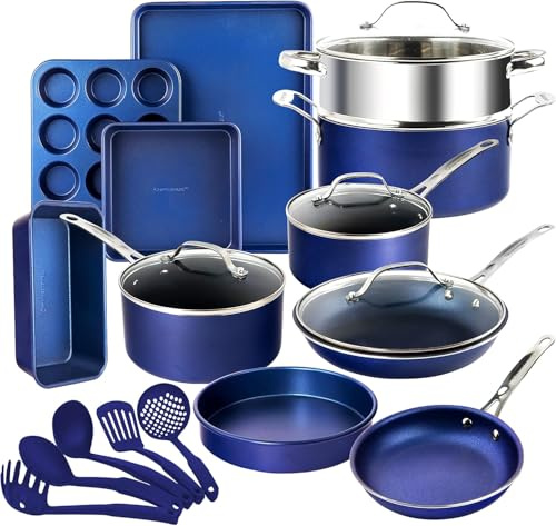 Ensemble de 20 casseroles et poêles Granitestone Blue, ensemble complet de batterie de cuisine et de cuisson avec surface minérale