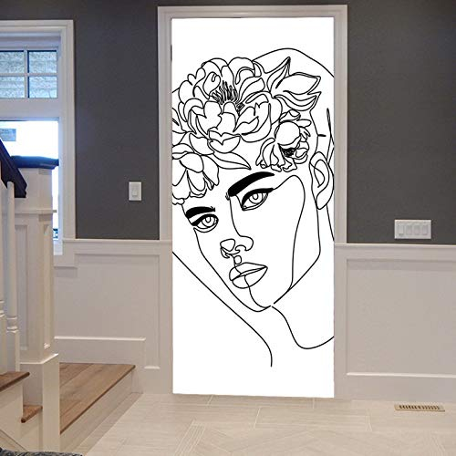A.Monamour Türtapete Selbstklebend Türfolie Türposter 3D Strichzeichnung Frau Portrait Mit Blume Schwarz Weiß Strichzeichnungen Vinyl Folie Türdeko Tapete Wandbild Türaufkleber Türtattoo 77 x 200 cm