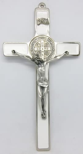 GTBITALY 10.004.11 croce di san benedetto eco economica argento smaltata a mano bianco prete sacerdote esorcista esorcismo suora chiesa 20 cm