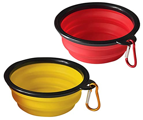 ARTISTRY Hopfällbar hundskål paket med 2 – bärbar reseskål för små husdjur, silikon, vikbar med metallkrok (röd/gul)