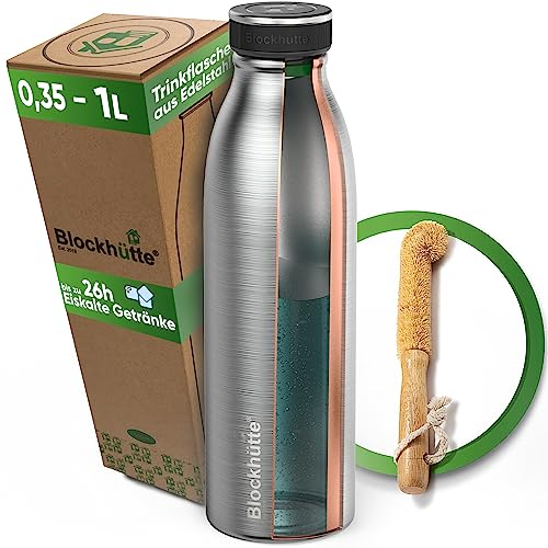 Blockhütte Trinkflasche Edelstahl 750ml I Isolierte Thermosflasche, Wasserflasche Kohlensäure geeignet auslaufsicher, spülmaschinenfest, ideal für Sport, Wandern, Kinder - BPA-frei