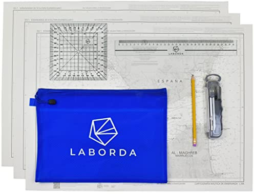 Laborda Kit Examen Per - Transportador de Ángulos Náutico, 3 Cartas Náuticas, Compás, Regla, Lápiz 2HB, Estuche
