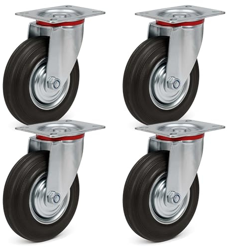 Wiltec Kit de 4 Roulettes pivotantes en caoutchouc plein – Ø 125 mm – Capacité de charge 100 kg – Roue avec Jante en métal et Plaque de montage – Transport Appareil Accessoire Meuble
