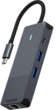 Rapoo | Hub USB-C multipuerto (HDMI LAN SD 6 en 1 Plug Play) Gris Oscuro | Adaptador USB C 6 en 1. HDMI, LAN Gigabit, SD y microSD, USB-A. Plug & Play. Conexión rápida y estable.