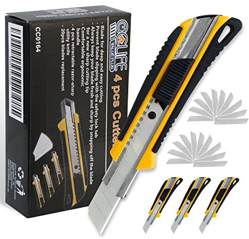 CCLIFE 4 Stück Cuttermesser Set 18mm mit 20 Ersatzklingen Abbrechklingen Kartonmesser Mehrzweck Messer Allzweckmesser Teppichmesser mit Sicherheitslock