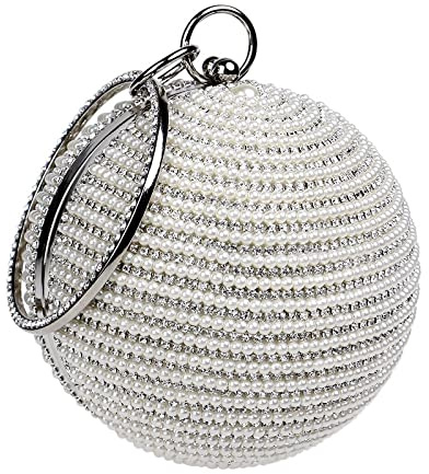 CORIOS Bolso de Noche para Mujer Bola Redonda Diamantes de Imitación Clutch Perlas Cartera de Mano Embrague Bolso de Fiesta Bolsos Bandolera para Fiesta de Graduación Banquete Boda Plata