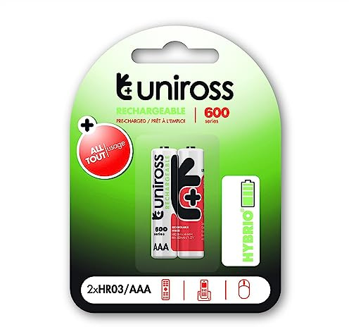 Uniross Pack de 2 Piles Rechargeables AAA/HR03 600 NIMH HYBRIO, 1.2V
