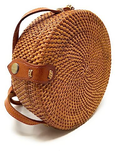 Trintura Rattan Tasche rund mit langem Leder Riemen geflochten Damen Korbtasche Umhängetasche Strohtasche Crossbody bag 20cm