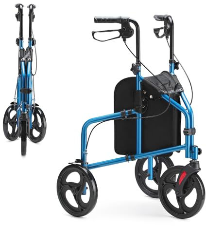 HEAO Dreirad Rollator Schmal für Wohnung, Aluminium Mit 3 Rädern, Faltbar Gelände-Gehwagen, Leicht Gehhilfe Mit Abnehmbarer Tasche für Drinnen Und Draußen, Blau