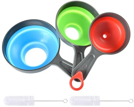 Imbuto in silicone, set da 3 pezzi, imbuto pieghevole con 2 spazzole bianche per la pulizia, imbuto da cucina, pieghevole, imbuto per funghi, imbuto per marmellate, imbuto grande apertura