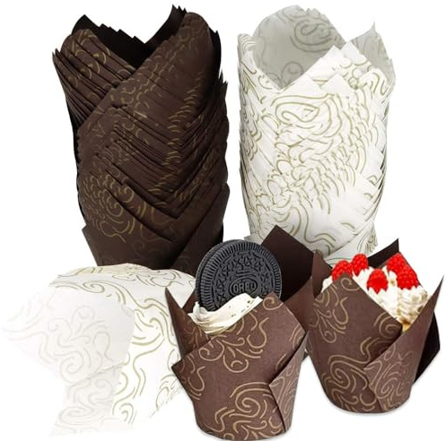 Tulip Backförmche, 120 Stück Tulpen Muffinförmchen Papier Tulpe, Muffins Papierförmchen Cupcake Formen Papiers für Hochzeit Geburtstag Party Backen (BraunWeiß)