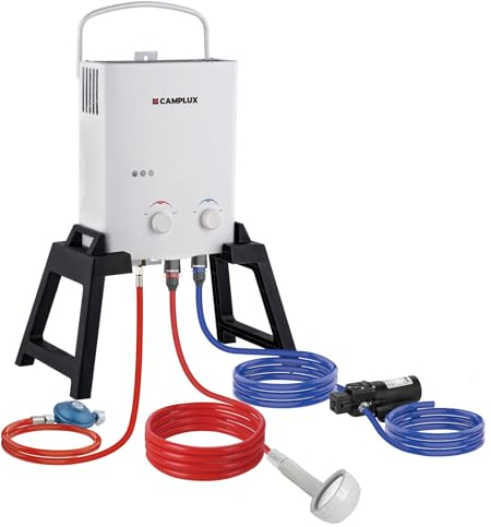 CAMPLUX 5 Liter Gasdurchlauferhitzer mit Stütz & Wasserpumpe, LPG, 50mbar, für Campingdusche/Wohnmobilausflug, AY132Max-DE mit Tragetasche