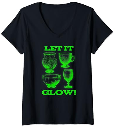 Womens Let It Glow! Glowing Glassware Green Glowing Uranium Glass V-Neck T-Shirt