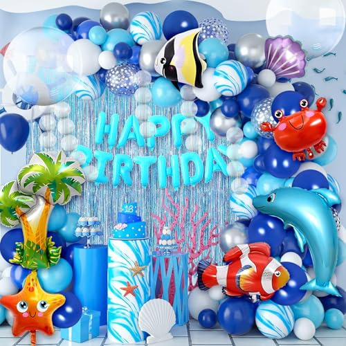 Unterwasserwelt Geburtstag Deko Meer Party Deko für Mädchen Jungen Kinder | Luftballon Girlande Blau Fische Hai Helium Ballons Lametta Blaue Ozean Kindergeburtstag Dekoration Party Zubehör