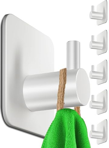 Menz Ganci per asciugamani senza foratura, 6 pezzi – Portasciugamani bianco senza fori per una presa resistente alle bombe, ganci adesivi in acciaio inox, ganci autoadesivi, forti portasciugamani da
