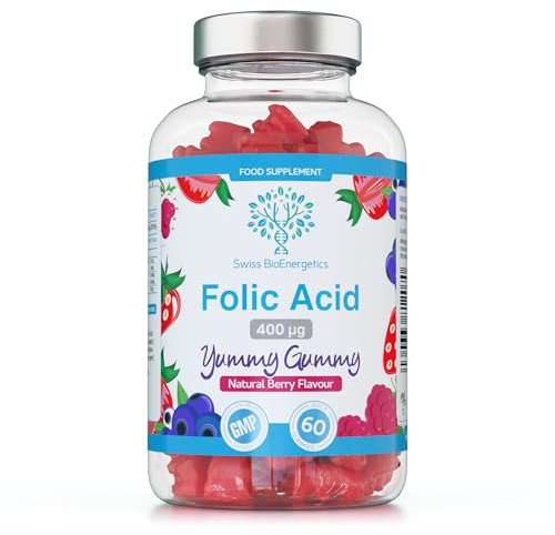 Folic Acid Gummies - 400μg, 60 Natural Berry Flavoured & Vegan Gummies - High Strength Vitamin B9 Folic Acid Pregnancy Support Prenatal Vitamin - No Artificial Sweeteners or Flavours – UK Made