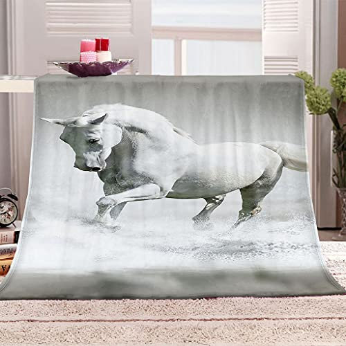 Wolldecken Flauschige Flanell Fleecedecke 130X150Cm Tierisches Weißes Pferd Muster Wohndecken Kuscheldecken Für Kinder, Extra Dicke Warm Couch/Sofadecke, Kuschelig Weich & Pflegeleichte
