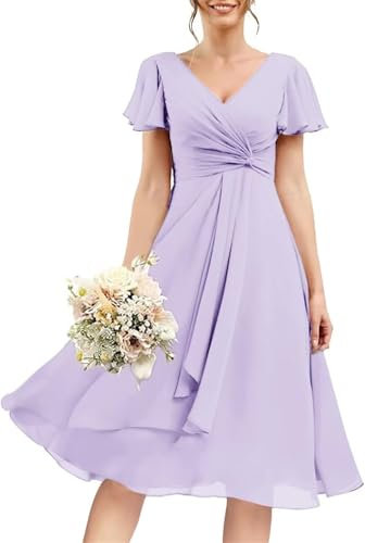 HPPEE Vestido corto de gasa con cuello en V y mangas con vuelo, para dama de honor, para boda, plisado, largo hasta la rodilla, vestido de cóctel formal, Lila, 46