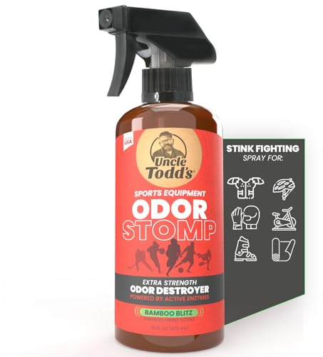 Uncle Todd’s Odor Stomp Sports Equipment Odor Eliminator Spray - Extra Strength Enzyme-Powered Deodorizer for Football, Hockey, Gym Bags, and Athletic Gear - Bamboo Blitz Scent - 16 oz