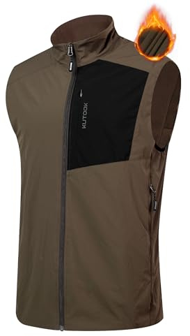 KUTOOK Herr Vinterväst Män Sport Fleece Väst Softshell Vandring Vindtät Foder Golfväst För Berg Vandring Cykling Och Andra Utomhusaktiviteter, Brun, 3XL