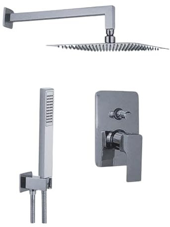 IMPALLI Kit de douche avec pommeau de douche carré 250 mm x 250 mm bras de douche 350 mm support de douche avec prise d'eau flexible douche et mélangeur de douche encastré deux voies (chrome)