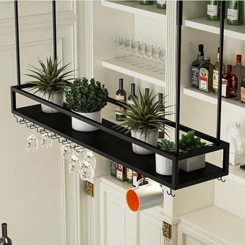 LFONDIGE Hanging Wine Glass Rack - Metal Ceiling Storage Shelf, Industrial Floating Wine Bottle Holder Wall Mounted Display Wine Storage Holder, Kirchen Bar Shelving Metal Stand(60x25x21cm)