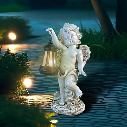 Tuzsocr Statua da giardino a forma di angelo solare, resistente alle intemperie, con lanterna a LED, decorazione antigelo, per tomba/cimitero, decorazione esterna per prato, cortile, terrazza/balconi,