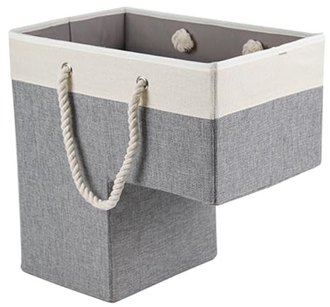 SHINROAD Cesta de escalera con asa, duradera, plegable, portátil, cuerda de algodón, gran capacidad, resistente, de madera, alfombrada, organizador de almacenamiento, color gris y blanco