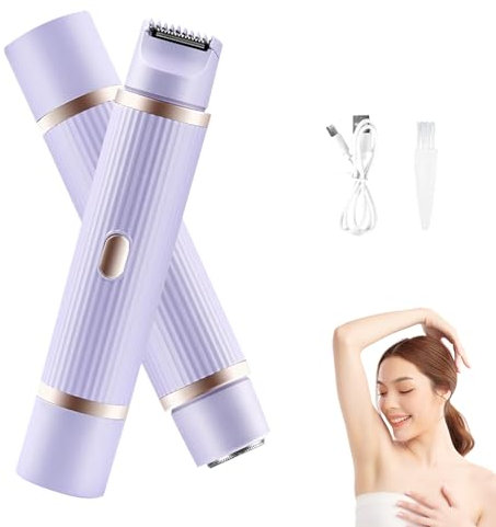 Elektrischer Bikini Trimmer für Frauen, 2-In-1 Elektrischer Damenrasierer für Intimbereich/Gesicht, Präzisionsrasierer für Scham Gesicht Achselhöhlen Beine- Leise & Hautfreundlich (Lila Streifen)