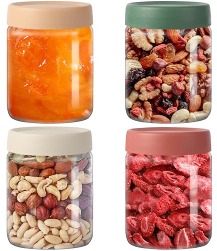 Glass Storage Jars with Airtight Lids, 500 ml Food Containers for Meal Prep Set of 4 Food-Grade Glass BPA-Free Wide Opening Multi-Coloured Food Preserving and Storage Stackable Overnight Oats Yogurt