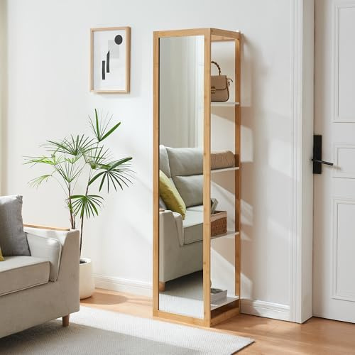 [en.casa] Spiegelregal As Ganzkörperspiegel 4 offene Fächer Standregal mit Spiegelfront 170 x 40 x 35 cm Standspiegel Bambus