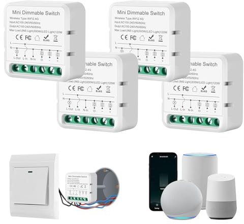 Variateur de Lumiere LED, Interrupteur Variateur de Lumière Wi-Fi 2.4G, Compatible avec Alexa, Taya,Smart Life, Fil neutre requis, Commutateurs intégrés,100-240V (4 pièces, WiFi)