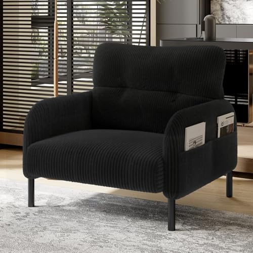 KOMHTOM Fauteuil Simple Places en Velours Côtelé avec Dossier Haut Confortable, 4 Poches et Pieds en Métal - Canapé d'angle Moderne pour Salon, Chambre à Coucher et Bureau (Noir - 1 Place)