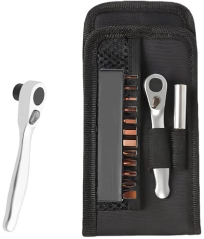KIQAWEE Juego de herramientas para bicicleta, pequeño juego de llaves de carraca de 1/4, mini carraca de 72 dientes, incluye juego de herramientas de tornillo de 12 piezas, 1 barra de extensión