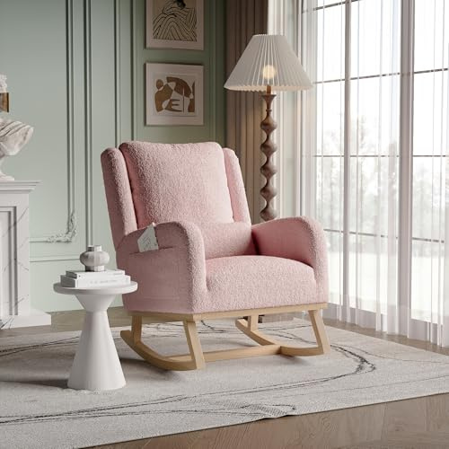 JYNVO Lutstol, med ländryggsstöd och praktiska sidofickor, ergonomisk design och antislida massivt träben, plysch, för vardagsrum, sovrum eller vrå
