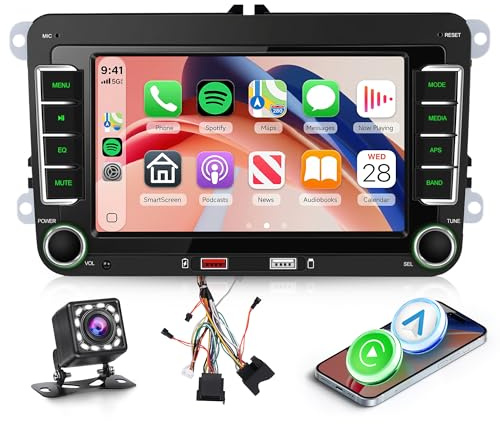 Hodozzy Radio Coche para VW Passat Golf Seat Altea Skoda Octavia con CarPlay Inalámbrico Android Auto, 9 Pulgadas Touchsreen con Bluetooth/RDS Radio/SWC/GPS/Dual USB/EQ+Cámara de Visión Trasera