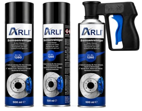 ARLI Bremsenreiniger 3X 500ml mit Sprühpistole Bremsreiniger Spray Teilereiniger Entfettet 360° Ventil Kupplungsreiniger Pistolengriff Auto Motorrad Werkstatt Öl Fett Kette Reiniger