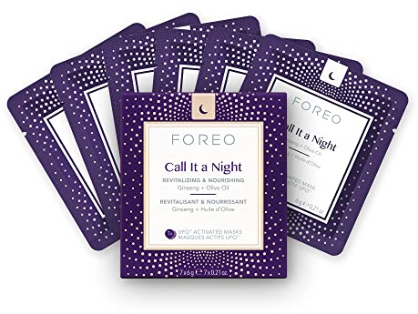 FOREO Call it a Night, maschera viso UFO per secchezza e linee di espressione, confezione da 7, rivitalizzante e nutriente, ginseng e olio d’oliva, naturale e cruelty free, per tutti i dispositivi UFO