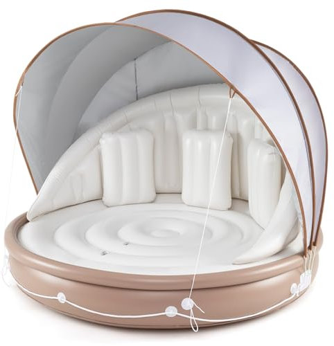 GYMAX Floating Pool Bed Lounge, Inflatable Island Raft with Retractable Canopy, 3 Pillows and High Backrest, Giant Inflatable Float for Lake River Pool